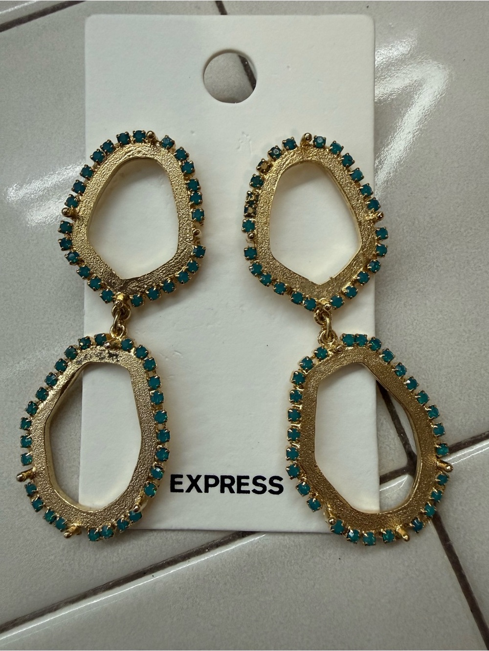 Express Gold Open-Frame Drop Earrings with Teal Stones